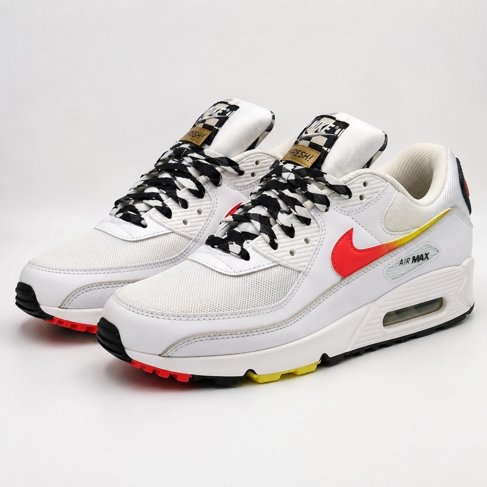Nike Air Max 90 Fresh White Bright Crimson Yellow DJ5530-100 Womens 9.5 Sneaker